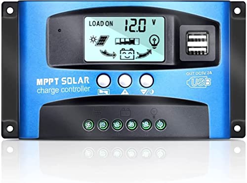 100A MPPT Solar Controlador de Carga,12V 24V Panel Solar Batería Regulador Inteligente con Pantalla LCD Dual USB,Múltiples Modos de Control de Carga Pantalla LCD Ajustable