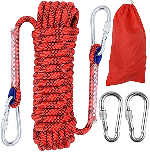 10mm Cuerda de Escalada al Aire Libre, 10M Cuerda Escalada Cuerda Servicio Pesado con 2 Mosquetón para Usos al Aire Libre Supervivencia Emergencia, Camping Rescate Incendios, Rojo