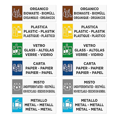 12 pegatinas para colección diferenciada multilingüe | Etiquetas para contenedores de residuos en Italiano-Inglés-Alemán-Francés-Español | Formato 13 x 5 cm (multilingüe 12 unidades)