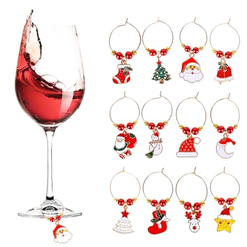 12 Piezas Encantos de Copa de Vino de Navidad Anillos de copa de vino de Navidad colgantes Marcadores navideños para copas de vino Kits identificadores de bebidas para Xmas Decoración de la fiesta (A)