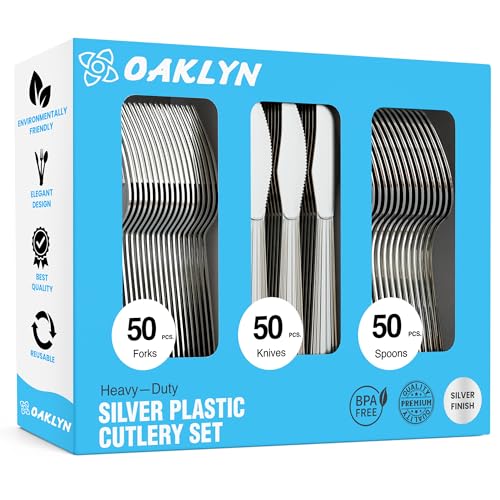 (150 unidades) Juego de cubiertos de plástico de alta resistencia - 50 tenedores 50 cucharas 50 cuchillos - Juego de cubiertos - Juego de utensilios de cocina de lujo reutilizables a granel
