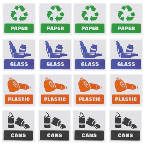 16pcs Etiquetas de Reciclaje de Protección del Medio Ambiente Clasificación de Residuos Etiqueta Etiqueta de Signo Impermeable Autoadhesivo para Oficina de Cocina al Aire Libre