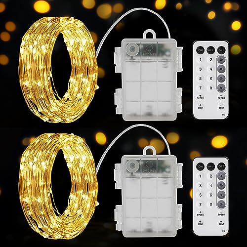 2 x 6M Luces LED Pilas, Guirnaldas luces Interior 8 Modes con Temporizador, 120 LED Cadena Luces LED Exterior Decoración para Bodas Dormitorio Navidad Jardín Habitación Terraza Pared - Amarillo Cálido