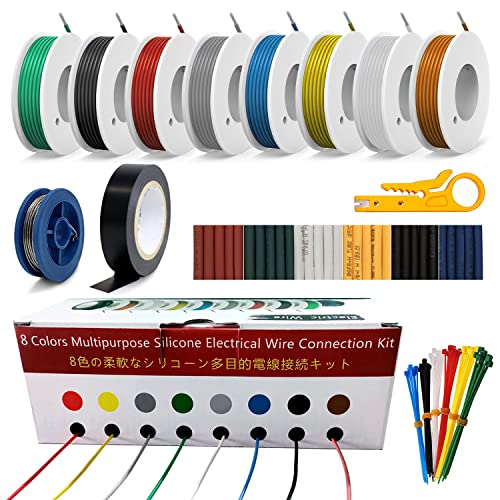24awg Juego de cables eléctricos silicona resistentes a altas y bajas temperaturas, 8 colores, cables de cobre estañado trenzado para bricolaje, electrodomésticos, baterías, electrónica, etc.