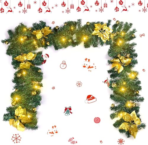 2,7M Guirnalda de Navidad con Luces, Guirnalda Navideña Verde de Abeto Artificial Navideñas Adornos Navidad Decoraciones de Vacaciones Interiores y Exteriores, Jardines, chimeneas, Escaleras