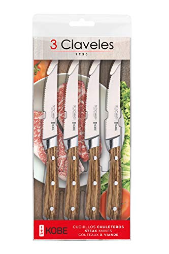 3 Claveles - Set 4 Cuchillos Chuleteros Kobe, Cranberry, de 11,5 cm - 4,5 cm, mango madera de castaño, filo dentado, cuchillos de mesa en acero inoxidable