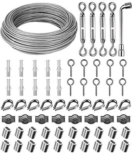 30m Φ 3mm Cable de Acero Inoxidable, Cable Acero Nylon con Tensor y Alambre, Kit de Cuerda de Acero para cuerda tendedero exterior, Suspensión, Soporte Planta