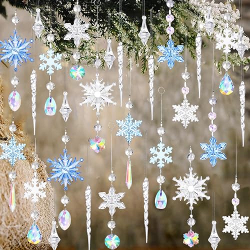 32PCS Acrílico Decoración Navideña,Transparente Carámbanos Copo de Nieve con Cristal K9,Acrílico Copo de Nieve,Acrílico Carámbanos de acrílico,árbol de Navidad Adornos Colgantes Conjuntos