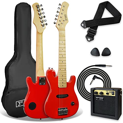 3rd Avenue Pack de guitarra eléctrica de tamaño 1/4 para niños principiantes de 3rd Avenue, amplificador portátil de 5 W, cable, funda de transporte, púas y correa, Rojo