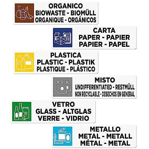 5 juegos de 6 pegatinas para colección diferenciada multilingüe | Etiquetas para contenedores de residuos en español-inglés, alemán, francés-español, formato 13 x 5 cm