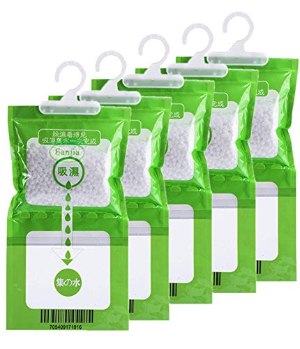5 Pack Kitchen Bathroom Wardrobe Hanging Hygroscopic Anti-Mold Deodorizing Moistureproof Desiccant Bag, Dehumidification Process Could be Witness, Verde