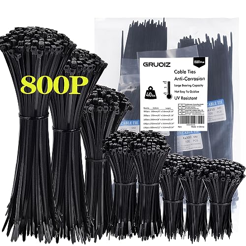 800 Piezas Bridas Negras de Plastico para Cables, 3.6mm x (100/150/200/250/300mm), Presillas Largas Plastico para Exterior de Nailon