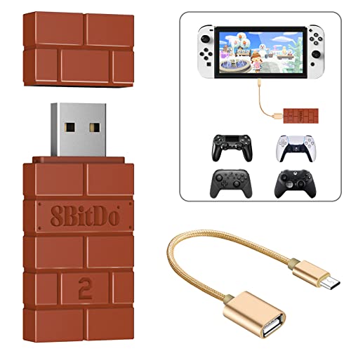 8Bitdo Wireless USB Adaptador 2, Bluetooth Receptor para Switch, Xbox One/Xbox Series X & S, PS5, PS4, PS3 Controlador on Switch OLED/Switch, PC, Android, Raspberry Pi,Retrofreak con cable OTG (Rojo)