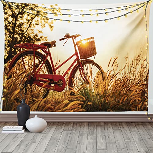 ABAKUHAUS Retro Tapiz de Pared y Cubrecama Suave, Bicicleta en Tonos Sepia Rurales, Material Resistente, 230 x 140 cm, Rojo Naranja Amarillo