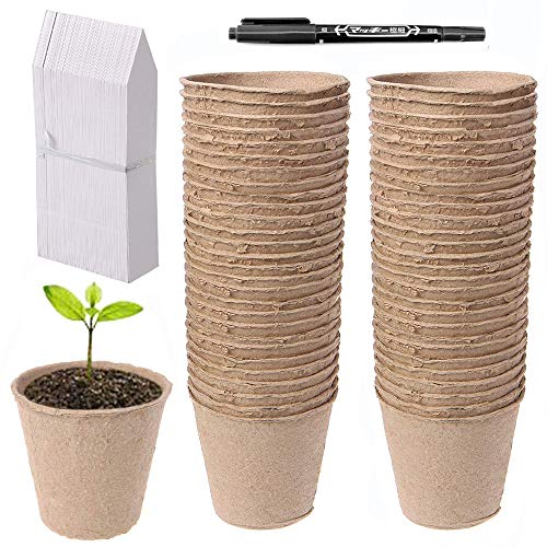 Abimars 50 Piezas Macetas de Semillas de Fibra Biodegradable, 8 cm Macetas Bandejas para Semilleros Plántulas Jardinería con 50 Etiquetas de Plástico para Plantas, 1 x 10 cm Rotulador de Plantas