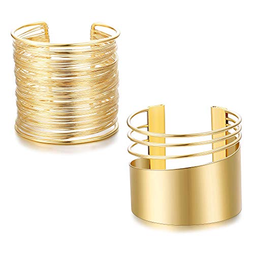 Adramata Juego de 2 brazaletes con brazalete para mujeres Abra las pulseras de alambre ancho Chapado en oro plateado ajustable
