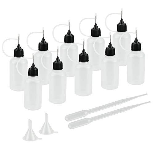 AFASOES 10Pcs Aplicador de Botella 30 ml Botella de Pegamento de Plástico Botellas de Recarga con Aguja Botella de Apreton Vacíos para Manualidades Aceites Tintas Pegamentos + 2x Embudo + 2 Pipetas