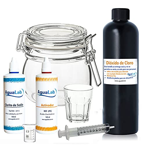 Agualab® Kit Herramientas Potabilizador de Agua con Clorito Sódico 25% (140 ml) + Activador - Ácido Clorhídrico 4% | Kit para preparar Dióxido de Cloro | Kit para potabilizar y desinfectar el Agua
