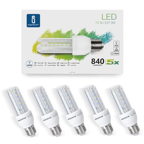 Aigostar - Bombilla LED B5 T3 3U, E27, 9 W equivalente a 80 W, Luz blanca fría 6400K, 810 lúmenes, no regulable - Caja de 5 unidades [Clase de eficiencia energética A+]