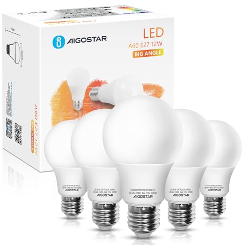 Aigostar Bombilla LED E27 12W, Luz calida 3000K,1170 Lúmenes, Ángulo 280°,No regulable,Bombillas LED A60-5 Unidades