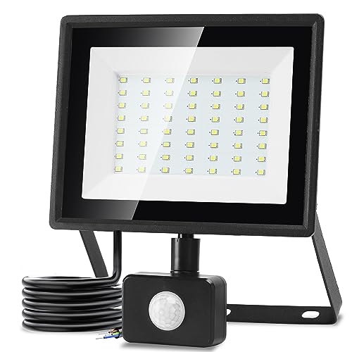 Aigostar Foco LED con Sensor Movimiento 50W,4300LM Super Brillo Focos LED Exterior IP65 Impermeable,Blanco Frío 6500K Proyector Led Exterior,Perfectas para Jardín,Garaje,Patio,etc.