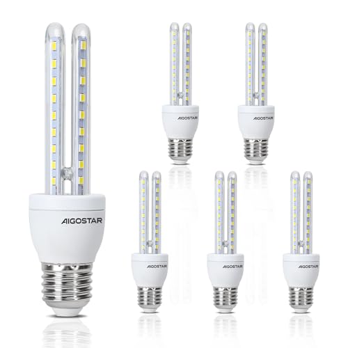 Aigostar - Pack de 5 Bombillas LED T3 2U 8W, E27 casquillo gordo, Luz Blanca Fría 6400K, Ángulo 360°, 640 lúmenes, no regulable