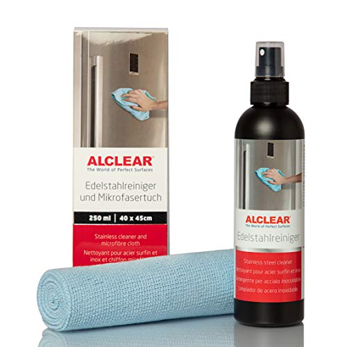 ALCLEAR 721ER - Limpiador profesional de acero inoxidable de 250 ml y paño de microfibra, limpia sin rayas, contra la suciedad, las huellas dactilares y la grasa