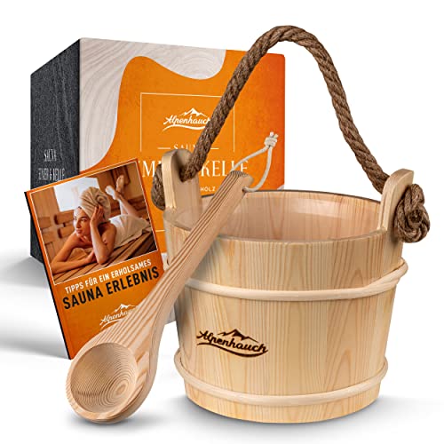 ALPENHAUCH Cubo para sauna con paleta [100% madera natural] – Cubo de sauna elegante con cómoda cuerda de cáñamo – Accesorios duraderos para sauna – Juego de cubo de infusión con práctico libro –