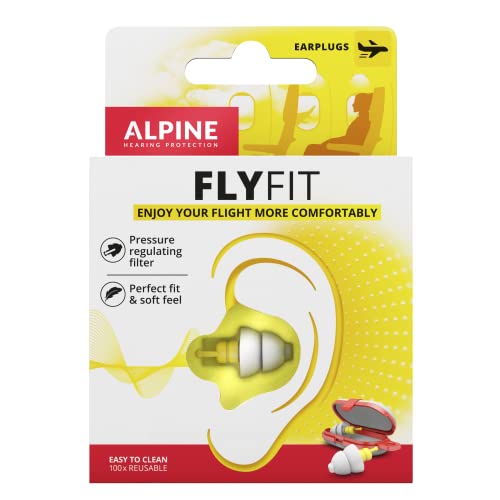 Alpine FlyFit Tapones para los oídos para avión - Regulan la presión del aire para prevenir el dolor de tímpano - Filtros suaves diseñados para viajar - Hipoalergénico cómodo - Tapones reutilizables