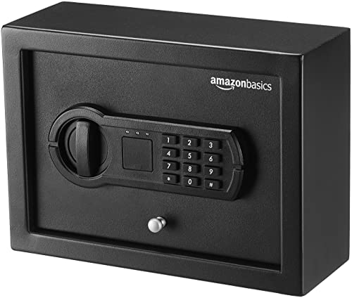 Amazon Basics Caja fuerte de seguridad con cajón de escritorio pequeña y delgada de con teclado electrónico programable Llave, Negro, 11.8''W x 8.6''D x 4.4''H