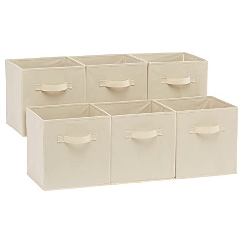 Amazon Basics - Cubos de almacenamiento de tela plegables con asas, 26,6 x 26,6 x 27,9 cm, color beis, paquete de 6 unidades