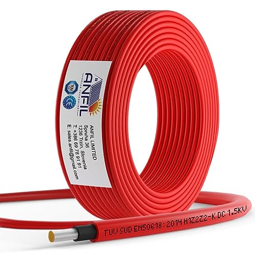 ANFIL Cable de Extensión del Panel Solar - Negro o Rojo, 4mm² o 6mm² - 1800 V DC - Cable de Calidad con Doble Aislamiento (10m, 6mm² Rojo)