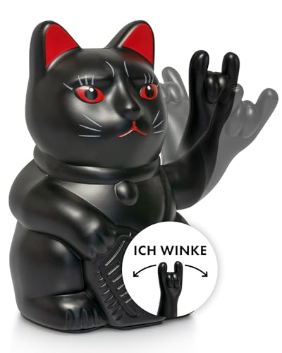 ANGRY CAT - Gato de la suerte - Rock- Rock- Japanese Winkkatze rockt - Figura de gato anguloso - Brazo anguloso con signo de metal pesado - 15 cm - negro mate
