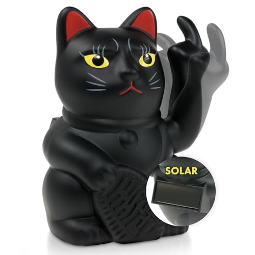 ANGRY CAT – Mini gato anguloso Lucky CAT Solar accionado divertido gato saludando – Gato japonés con dedo apestoso – Artículo decorativo Figura de gato – Brazo anguloso con dedo medio – 10 cm – Negro