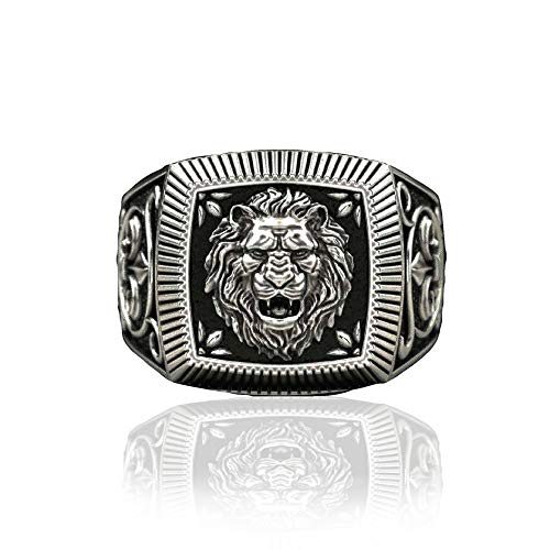 Anillo de león para hombre, anillo de león rugiente vikingo nórdico con grabado vintage, anillo de sello de león, anillo de sello de león, diseño de animal gótico, 18.9, NO