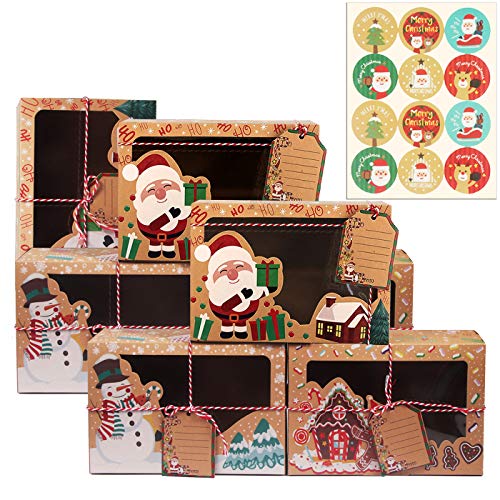 Annhao 12 Cajas de Regalo Navidad de Papel Kraft con 12 Pegatinas de Navidad, Con Ventana Transparente para Dulces Galletas Cupcakes Chocolate, para Regalos Navidad, Regalos de Bricolaje, Fiestas