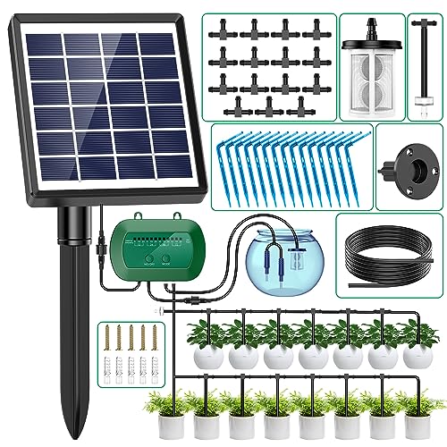 AnseTo Sistema de Riego Solar para Jardín, 2023 Nuevo Kit Riego por Goteo con 15 Micro Cabezales de Goteo,Riego por Goteo Automatico para Vacaciones Terrazas de Balcones Invernaderos Macetas Plantas