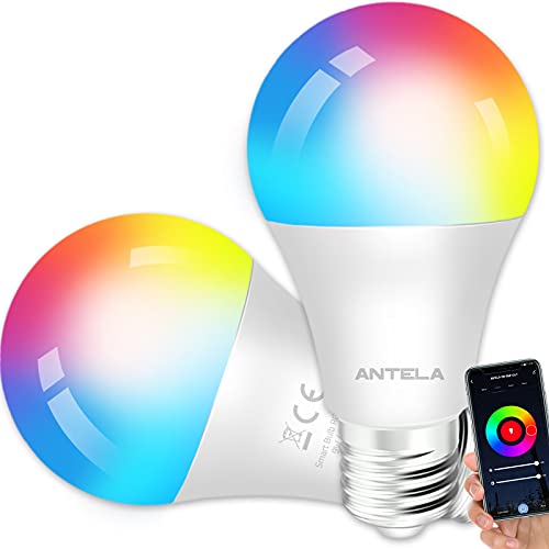ANTELA Bombilla Inteligente LED E27 Wifi 9W Compatible Con Google Home/Alexa, Bombilla RGB(2700K-6500K) Luces Colores Regulable, Control Remoto,Control De Voz, Ahorro Energético, Paquete 2