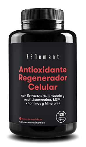 Antioxidante Regenerador Celular, Anti-edad, con Granada, Açaí, Astaxantina, MSM, Vitaminas C, E y Minerales (Zinc, Selenio y Cobre), 120 Cápsulas | de Zenement