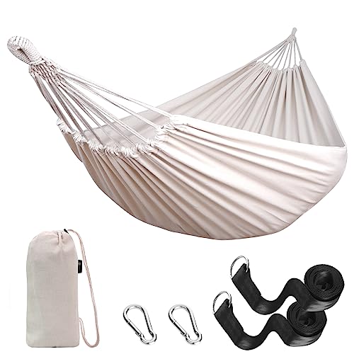 Anyoo Hamaca de Algodón con Tela Cómoda y Correas Amigables con los árboles para Colgar, Hamaca Duradera y Portátil con Bolsa para Exterior/Interior, Terraza, Patio, Camping, Jardín, Blanco