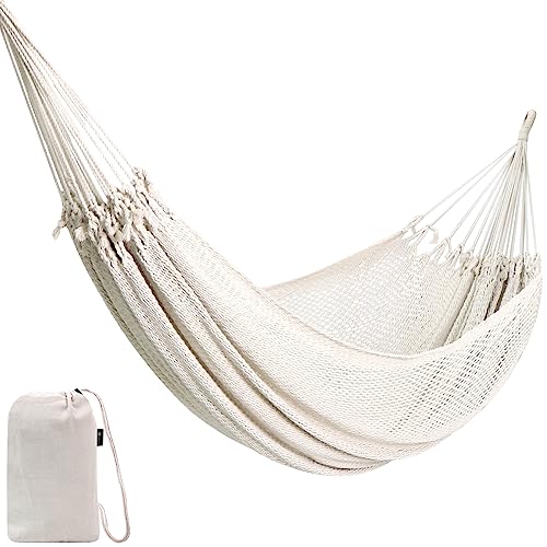 Anyoo Hamaca Grande de Red Transpirable Duradera con Juegos de Correas amigables con los árboles, Hamaca de Cuerda de algodón para jardín, Exterior/Interior, balcón, Patio, Trasero, Camping (Beige)