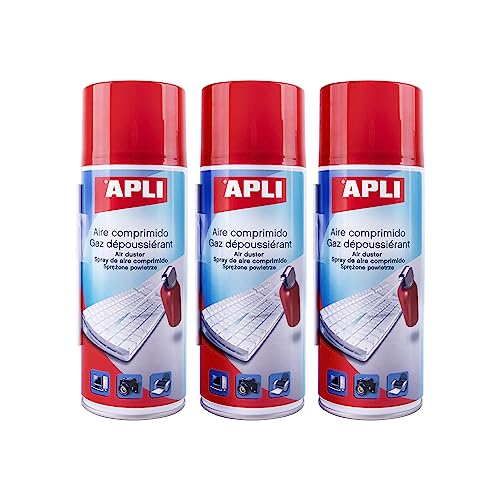 APLI 19657- Pack de 3 Aires comprimidos de limpieza en seco; 3 sprays de 400 ml. Aerosol apto para teclados, ordenadores y dispositivos electrónicos