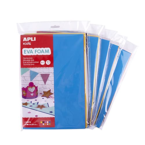 APLI Kids 18963 - Pack 5 bolsas goma EVA multicolor - A4-210 x 297 x 2 mm - 50 hojas - 10 colores surtidos