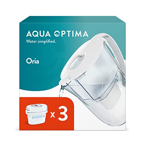 Aqua Optima Oria Jarra de Filtro de Agua y 3 Cartuchos de Filtro de Agua Evolve+ de 30 Días, Capacidad de 2,8 litros, Para la Reducción de Microplásticos, Cloro, Cal e Impurezas, Blanco
