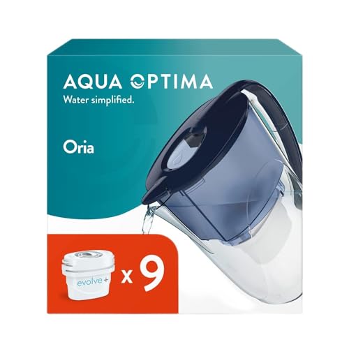 Aqua Optima Oria Jarra de Filtro de Agua y 9 Cartuchos de Filtro de Agua Evolve+ de 30 Días, Capacidad de 2,8 litros, Para la Reducción de Microplásticos, Cloro, Cal e Impurezas, Azul