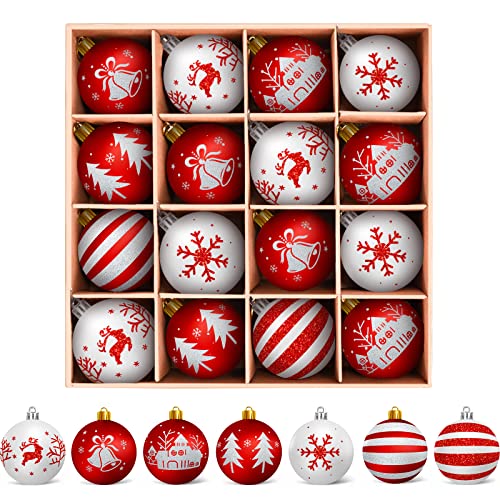 Arbolisse Bolas de Navidad Blancas y Rojas, 16 PCS Decoracion arbol Navidad, Bolas de Navidad de plástico de 6 cm con Gancho, Regalos Navidad Originales Navidad Decoración Casa, 7 Tipos de Modelos