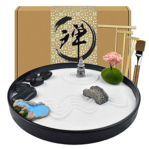 Artcome Jardín de arena Zen japonés para escritorio con rastrillo, soporte, rocas y mini artículos de mobiliario – Accesorios de mesa de oficina, kit de jardín de arena Mini Zen – Regalos de