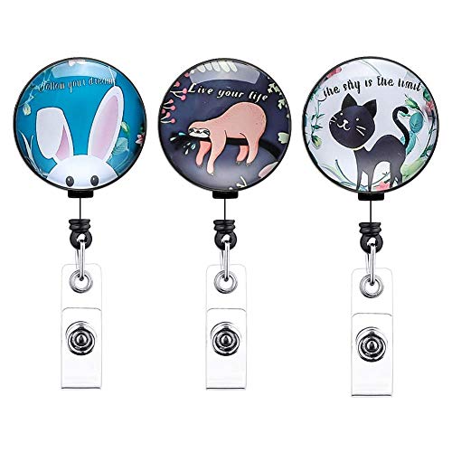 Artscope Carrete Retráctil de Tarjeta Clip de Insignia para Soporte de Tarjeta ID Portatarjetas de Identificación con Clip de Cinturon (Pack de 3 - Animal lindo)