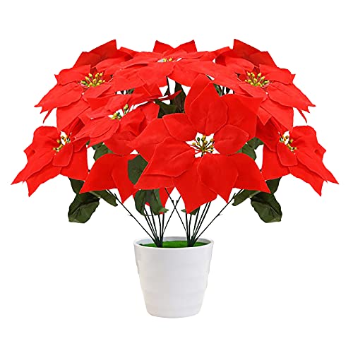 ASSR Poinsettia roja en maceta con 2 piezas y 5 flores, maceta de flores de Poinsettia, pastas artificiales de Navidad rojas en maceta, bonsai de poinsettia artificial