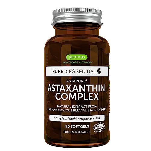 Astaxantina Natural, 42 mg de AstaPure, Antioxidante con Luteína y Zeaxantina, 90 Cápsulas Veganas, 3 Meses de Suministro, de Igennus
